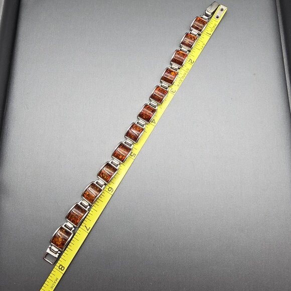 Sterling Silver & Amber Link Bracelet 8" Snap Clasp Czech Republic 21.94g Signed - Picture 11 of 11
